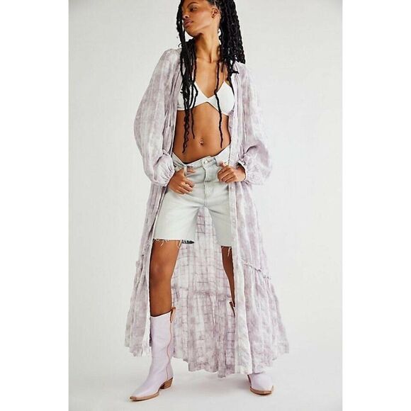 NEW FREE PEOPLE Sz S WASHED EDIE DRESS BUTTON FRONT MAXI TOP DUSTER DUST FOG - Picture 1 of 5